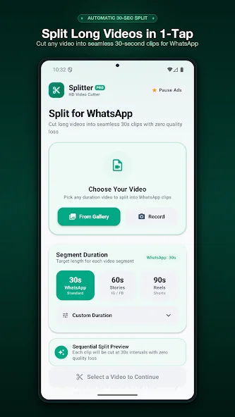 Auto Video Splitter Google Play screenshot showing video selection and split controls
